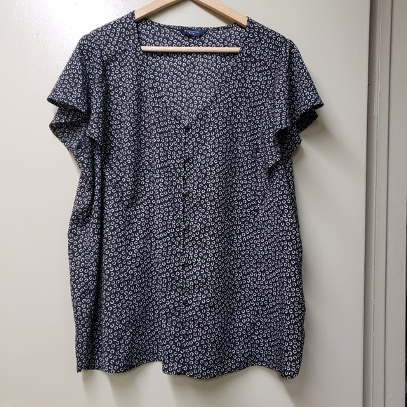 Denver Hayes Button Down Black and White Cap Sleeve Blouse - Picture 1 of 4